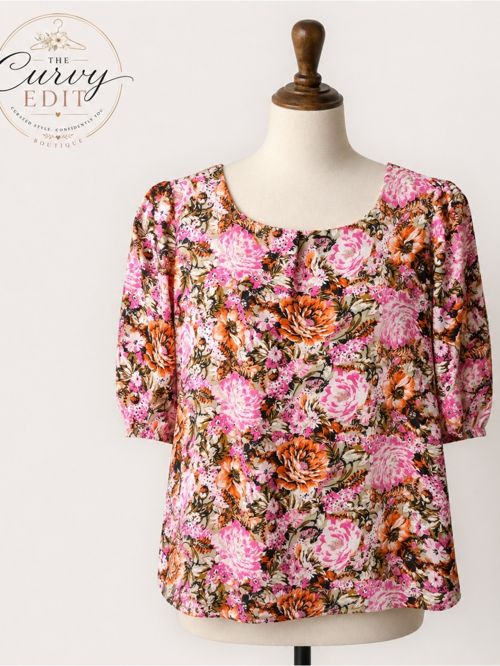Ophelia Roe XL Pink Orange Floral Puff Sleeve Blouse Boho Cottagecore Top